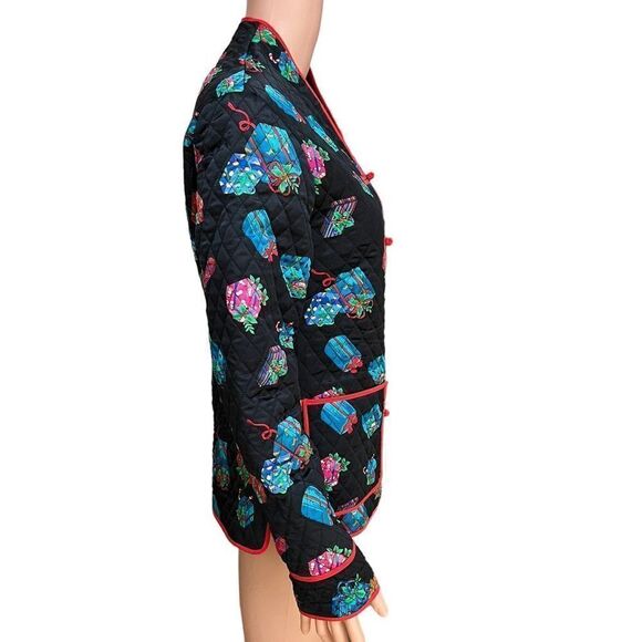 Anne Carson vintage 100% silk Christmas presents print size S toggle closure - Picture 2 of 7
